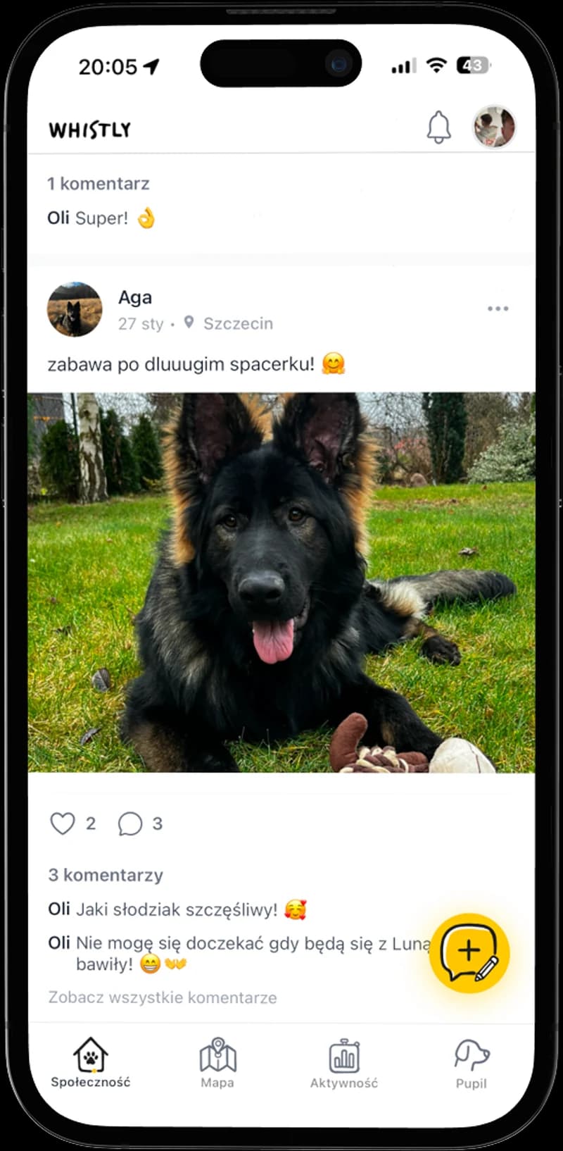 Feed społeczności Whistly ze zdjęciem psa i komentarzami